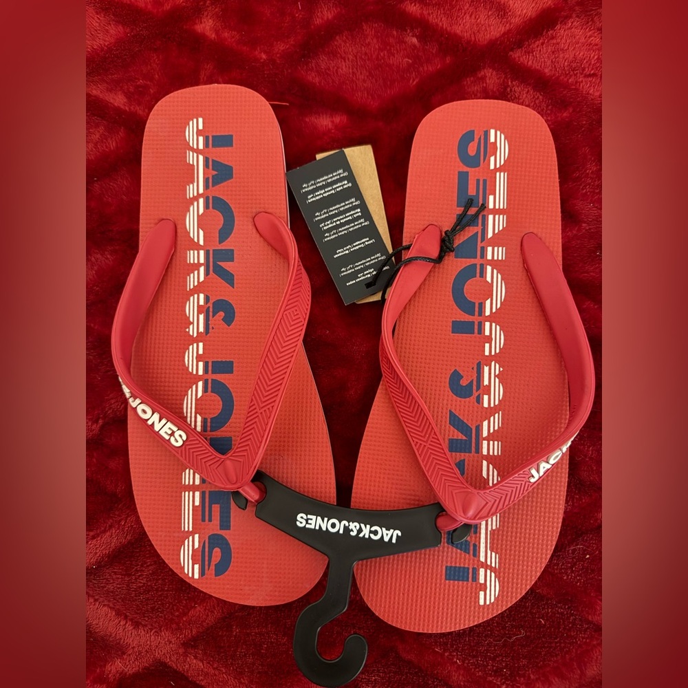 Jack & Jones Red Flip Flops with Navy Logo